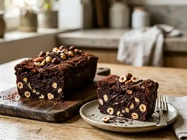 Délice intense de pavé au chocolat noir aux éclats d'amandes et noisettes - Photo de présentation