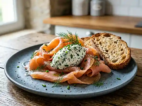Délicieuse chiffonnade de saumon fumé au carré frais et herbes fraîches - Photo de présentation