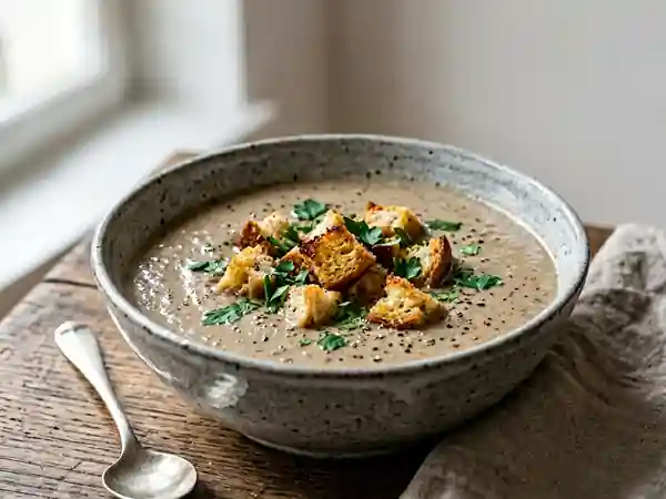 Délicieuse crème de champignons onctueuse aux croûtons dorés - Photo de présentation