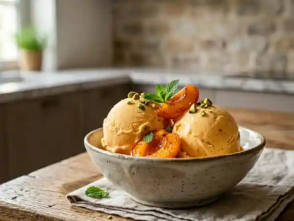 Délicieuse crème glacée maison aux abricots frais - Photo de présentation