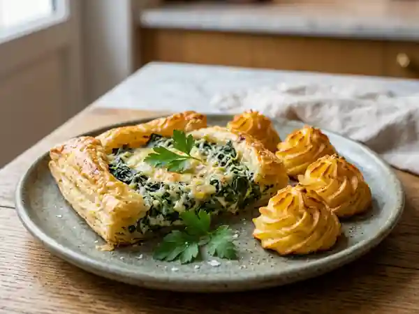 Délicieuse croûte aux épinards accompagnée de pommes duchesses dorées - Photo de présentation