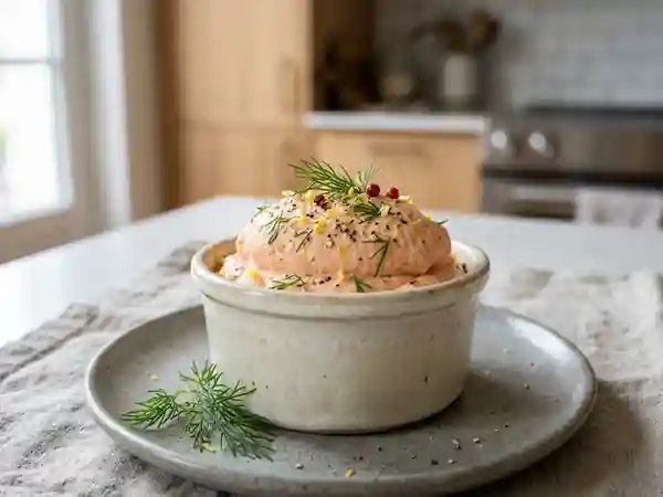 Délicieuse mousse de saumon frais à la mayonnaise citronnée - Photo de présentation