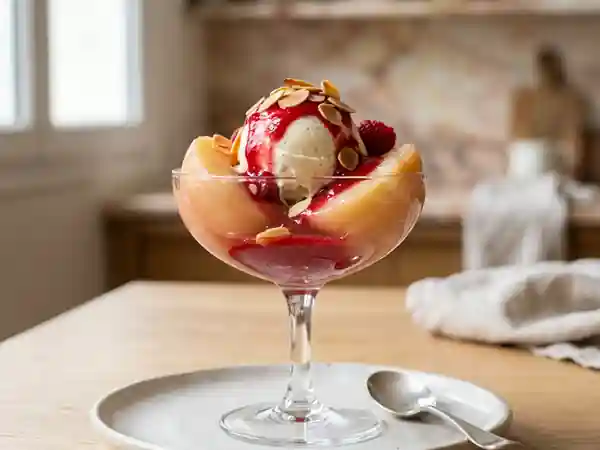 Délicieuse Pêche Melba : Dessert Fruité et Glacé - Photo de présentation