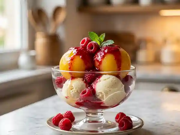 Pêche Melba Fondante et Framboises Acidulées - Photo de présentation