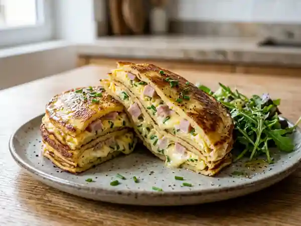 Stack de crêpes dorées au jambon et fromage - Photo de présentation