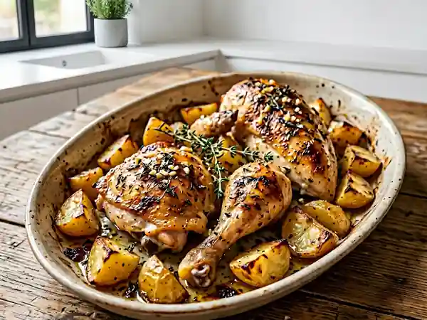 Poulet rôti à l'ail et pommes de terre dorées - Photo de présentation