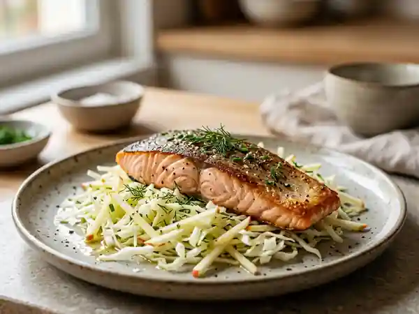 Délicieuse salade de chou pomme et truite saumonée - Photo de présentation