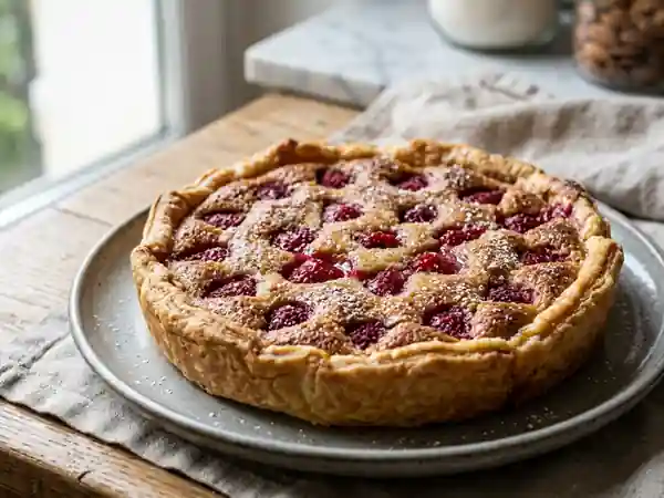 Délicieuse tarte frangipane aux framboises fraîches - Photo de présentation