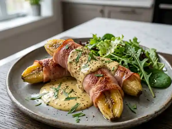 Bananes au jambon fondantes, crème à l'estragon - Photo de présentation