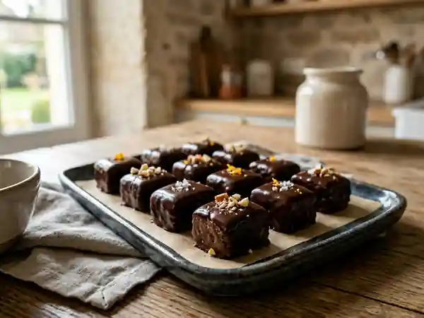 Délicieuses bouchées de pâte d'amande au chocolat fondant - Photo de présentation