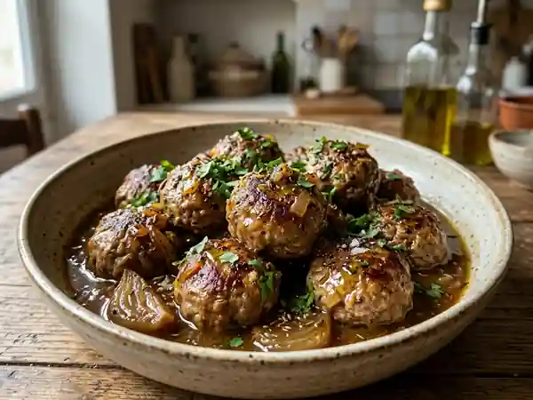 Délicieuses boulettes de bœuf aux oignons caramélisés et cumin parfumé - Photo de présentation
