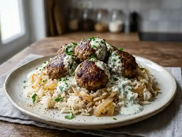 Boulettes de bœuf juteuses, riz fondant et yaourt - Photo de présentation