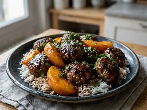 Délicieuses boulettes de viande aux pêches caramélisées - Photo de présentation