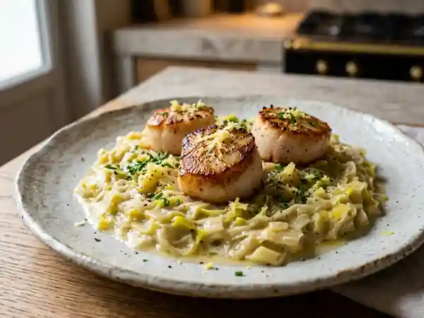 Délicieuses Coquilles Saint-Jacques au Gingembre sur Lit de Poireaux au Vin Blanc - Photo de présentation