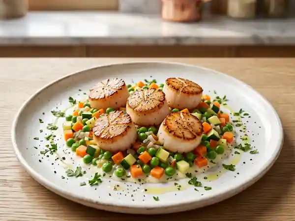 Délicieuses Coquilles Saint-Jacques aux Petits Légumes Printaniers - Photo de présentation