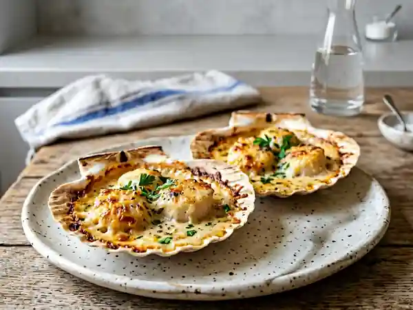 Saint-Jacques crémeuses et croûte de parmesan - Photo de présentation