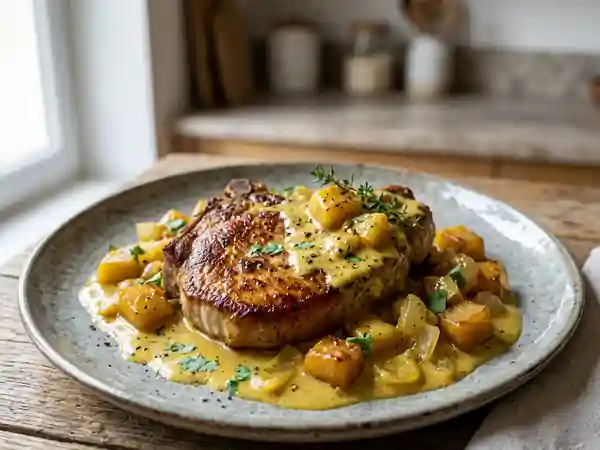 Côtes de porc fondantes au curry et pommes - Photo de présentation