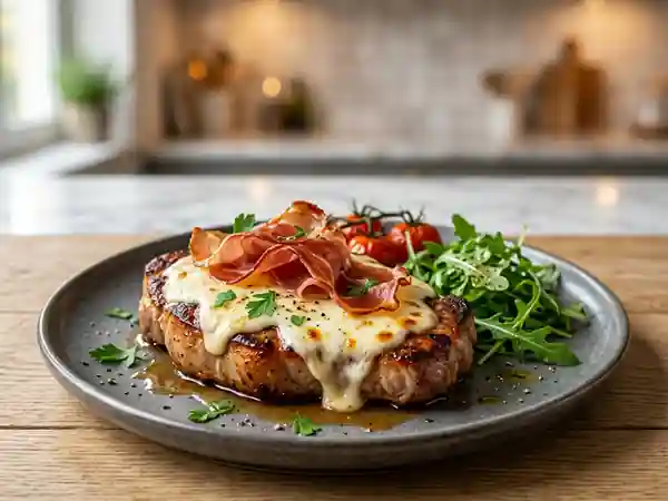 Côte de veau gratinée, jambon cru et mozzarella - Photo de présentation
