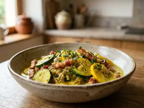 Courgettes fondantes au curry et lardons fumés - Photo de présentation