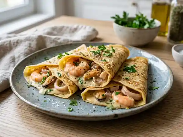 Crêpes fondantes aux fruits de mer et crème - Photo de présentation