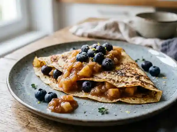 Crêpes aux myrtilles et compote pomme-cannelle - Photo de présentation