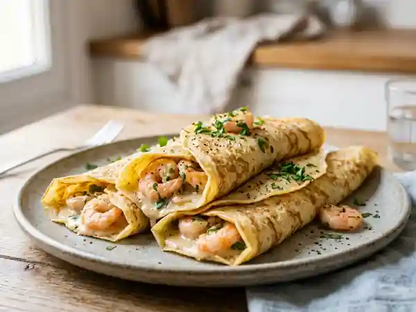 Délicieuses Crêpes Farcies aux Crevettes et Sauce Crémeuse - Photo de présentation