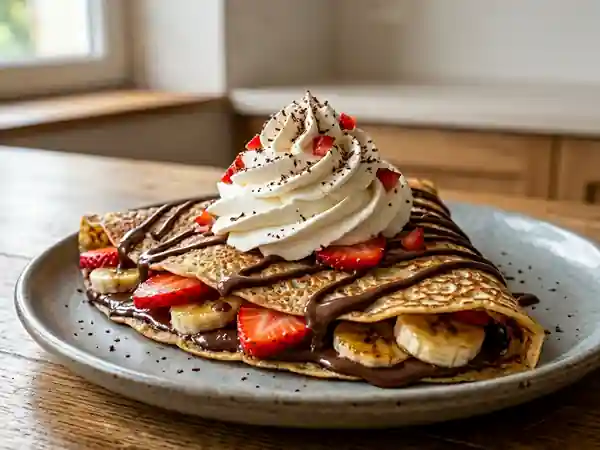 Délicieuses crêpes gourmandes chocobanane-fraise avec chantilly maison - Photo de présentation