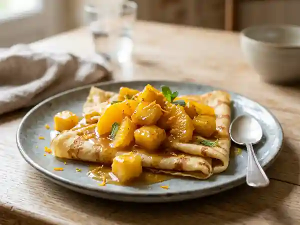 Délicieuses crêpes moelleuses à l'ananas et à l'orange - Photo de présentation