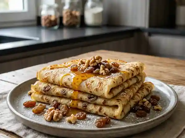 Crêpes moelleuses aux noix et raisins charnus - Photo de présentation