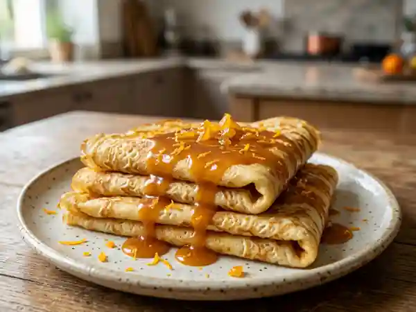 Délicieuses crêpes moelleuses nappées d'un caramel à l'orange maison - Photo de présentation