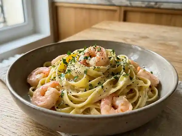 Fettuccine crémeuses aux crevettes et ail - Photo de présentation
