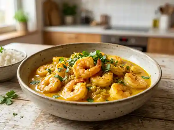 Délicieuses Crevettes au Curry Crémeux et Épicé - Photo de présentation