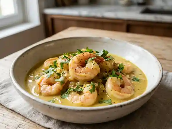 Crevettes au curry fondues au coco - Photo de présentation