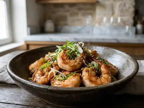 Crevettes sautées, gingembre et sésame grillé - Photo de présentation