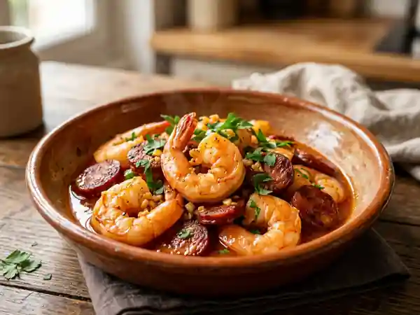 Crevettes et chorizo grillés à l'ail - Photo de présentation