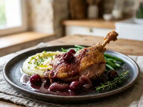 Cuisses de canard rôties et jus corsé aux cerises - Photo de présentation