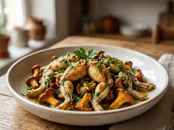 Cuisses de grenouilles dorées et girolles à l'ail - Photo de présentation