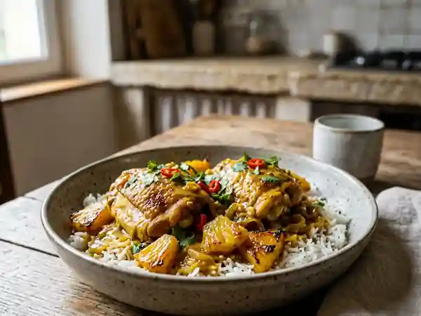 Délicieuses cuisses de poulet au curry, lait de coco et ananas caramélisé - Photo de présentation
