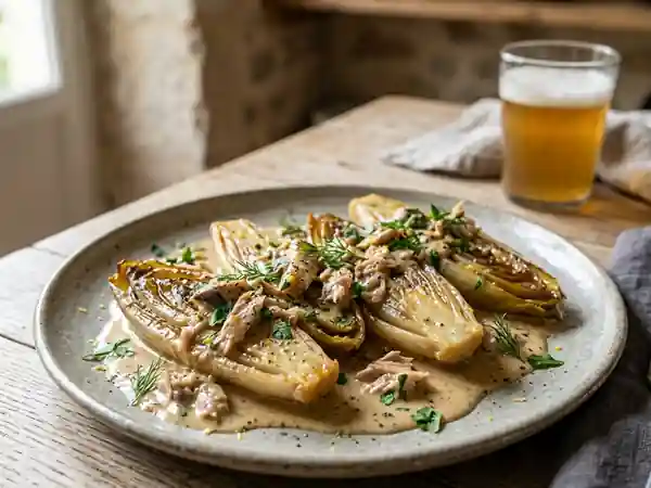 Délicieuses endives braisées aux maquereaux et sauce à la bière - Photo de présentation