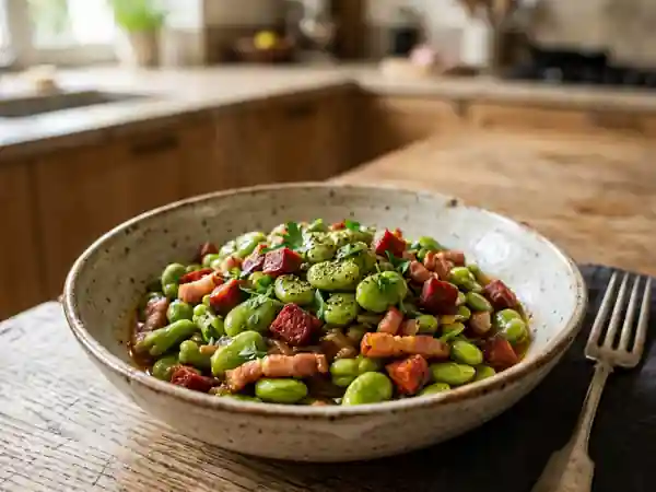 Poêlée de fèves au chorizo fumé et lardons - Photo de présentation