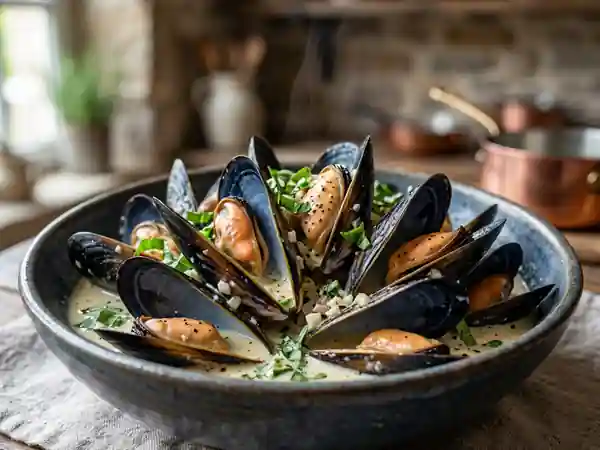 Délicieuses Moules à l'Ail, Basilic et Crème Fraîche - Photo de présentation