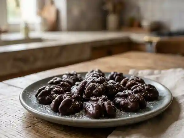 Délicieuses Noix enrobées de Chocolat Noir Fondant - Photo de présentation