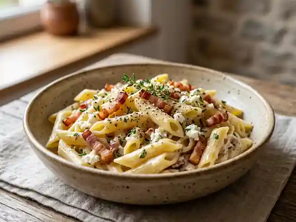 Pâtes crémeuses au chèvre, thym et lardons - Photo de présentation