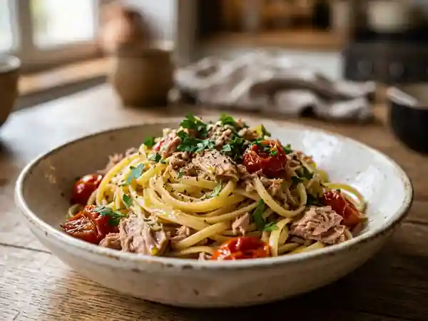 Pâtes au thon, ail et tomates cerises rôties - Photo de présentation