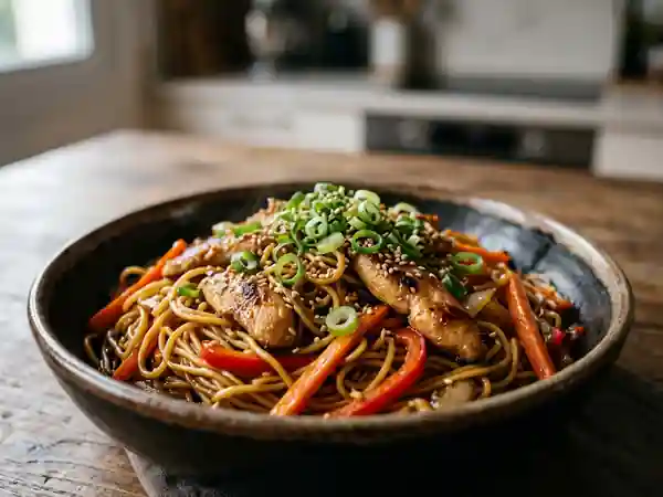 Wok de nouilles au poulet croquant et sésame - Photo de présentation