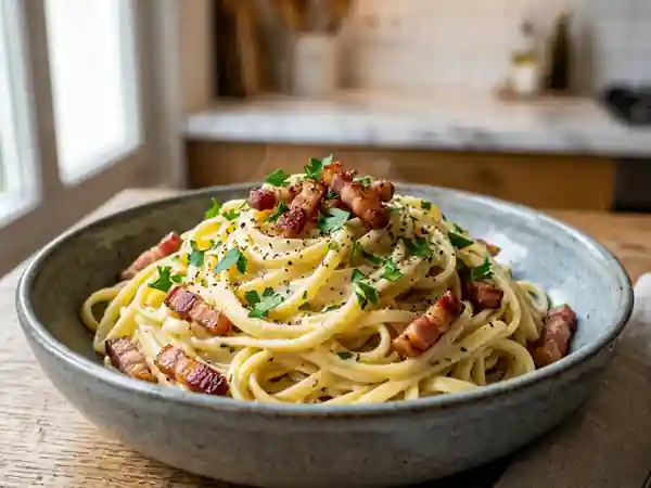 Pâtes crémeuses au Boursin et lardons fumés - Photo de présentation