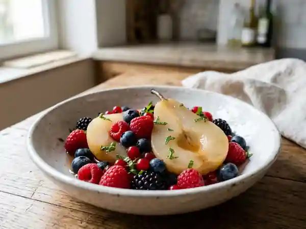 Poires pochées fondantes et fruits rouges - Photo de présentation