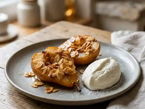 Délicieuses Poires Rôties aux Amandes et Chantilly Maison - Photo de présentation