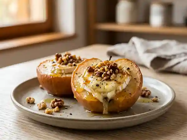 Délicieuses pommes rôties au chèvre frais et miel - Photo de présentation