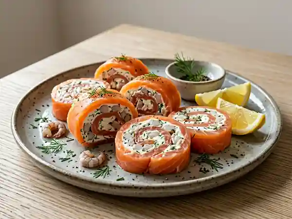 Délicieuses roulades de saumon fumé au carré frais et crevettes grises - Photo de présentation
